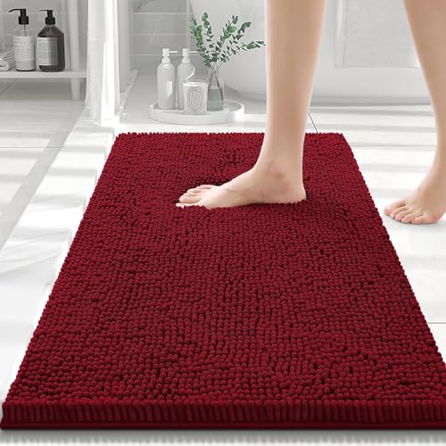 Homaxy rutschfeste Badematte Chenille Badezimmerteppich Mikrofaser Badteppich Saugfähige Hochflor Badvorleger - 40 x 60 cm, Weinrot von Homaxy