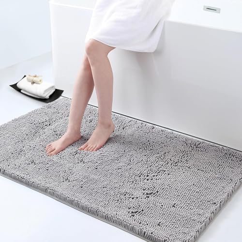 Homaxy rutschfeste Badematte Chenille Badezimmerteppich Mikrofaser Badteppich Saugfähige Hochflor Badvorleger - 60 x 120 cm, Hellgrau von Homaxy