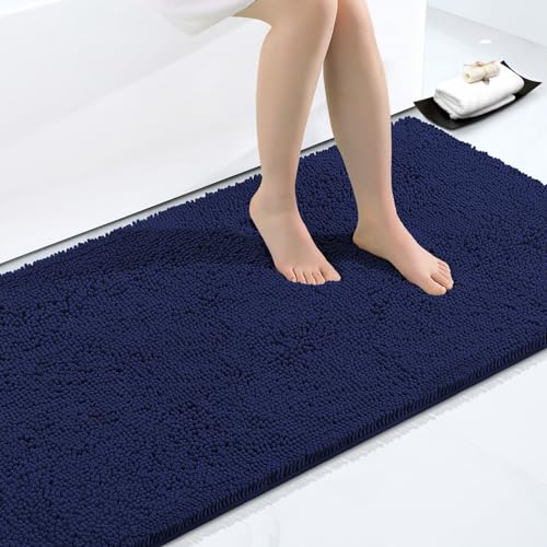 Homaxy rutschfeste Badematte Mikrofaser Chenille Badezimmer Badteppich Saugfähige Hochflor Badvorleger-60 x 120 cm, Marine Blau von Homaxy