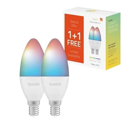 Hombli 2er Pack Smarte LED Glühbirne mit 16 Millionen Farben | E14 Dimmbares Warmweißes Licht | 4.5W, 380 Lumen | Einfache Installation | Sprachsteuerung | Kompatibel mit Google, Alexa & Siri von Hombli