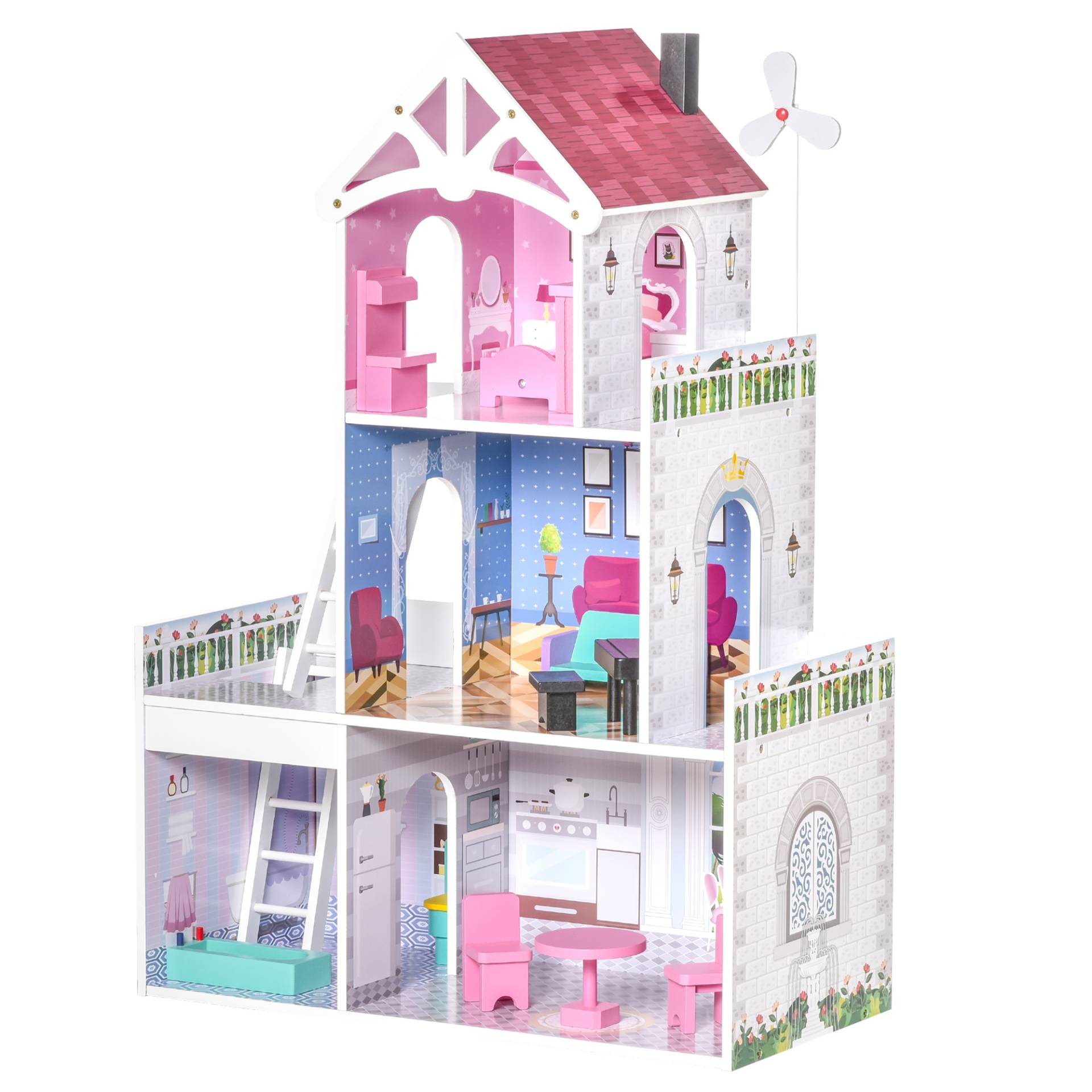 Casa delle bambole a 3 piani con scale accessori per bambini mdf rosa von Homcom