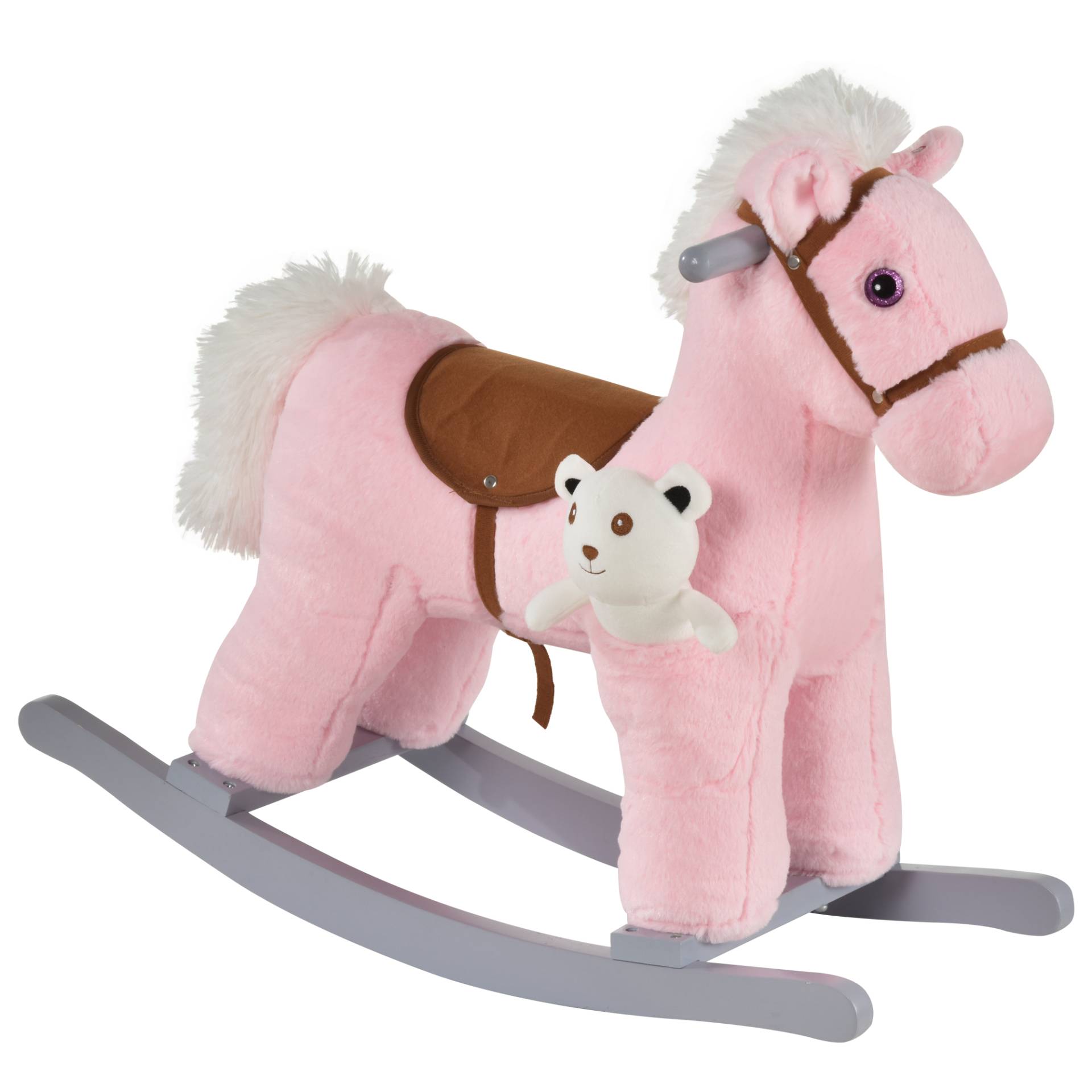 Cavallo a dondolo per bimbi con suoni e orsetto in peluche legno rosa von Homcom