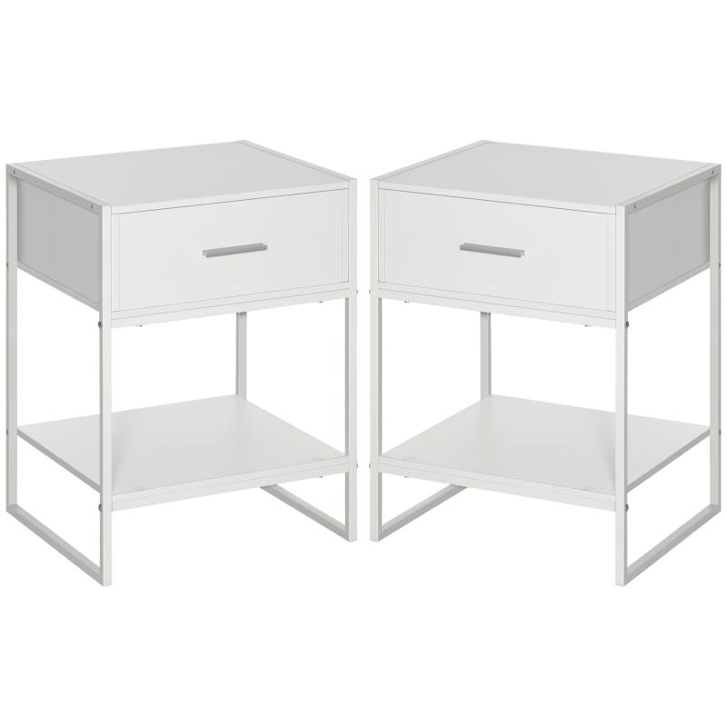 Comodino moderno set 2 pezzi con cassetto e ripiano mdf acciaio bianco von Homcom