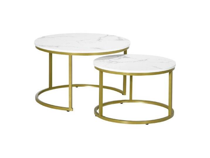 HOMCOM Couchtisch 2er-Set, Rund, mit Stahlgestell in Gold, Marmoroptik, stapelbar (Kaffeetisch, 2-St., Eckiger Beistelltisch), für Wohnzimmer, bis 30 kg belastbar von Homcom