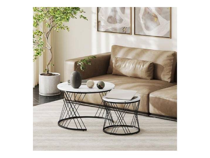 HOMCOM Couchtisch rund 2er Set Beistelltisch mit Marmoroptik, Metallrahmen (Wohnzimmertisch, 2-St., Satztisch) von Homcom