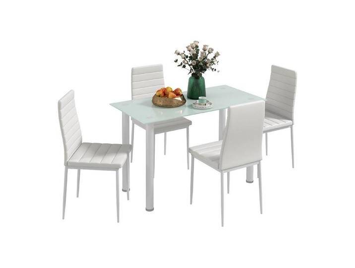 HOMCOM Essgruppe Esstisch mit 4 Stühlen, Küchentisch mit Hartglasplatte, (Esszimmermöbel, 5-tlg., Esstisch Set), für Küche, Esszimmer, Stahl, Weiß, weiß von Homcom