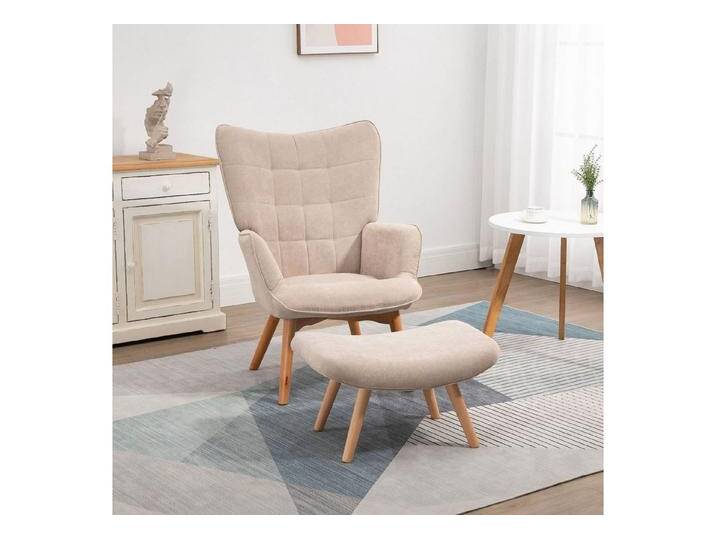 HOMCOM Relaxsessel Loungesessel mit Hocker, Armlehnstuhl mit Holzbeine, Fernsehsessel (Ohrensessel, 2-St., Polstersessel), mit Cord-Optik, beige von Homcom
