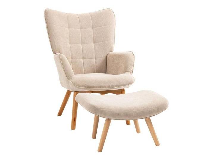 HOMCOM Relaxsessel Loungesessel mit Hocker, Armlehnstuhl mit Holzbeine, Fernsehsessel (Ohrensessel, 2-St., Polstersessel), mit Cord-Optik, beige von Homcom
