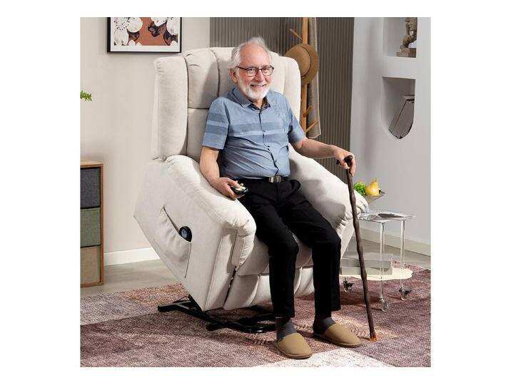 HOMCOM Relaxsessel mit Aufstehhilfe Heizung Liegefunktion, Breite Rückenlehne (Massagesessel, 1-St., TV Sessel), TV Sessel mit Fußteil, 2 Seitentaschen für Wohnzimmer Beige von Homcom