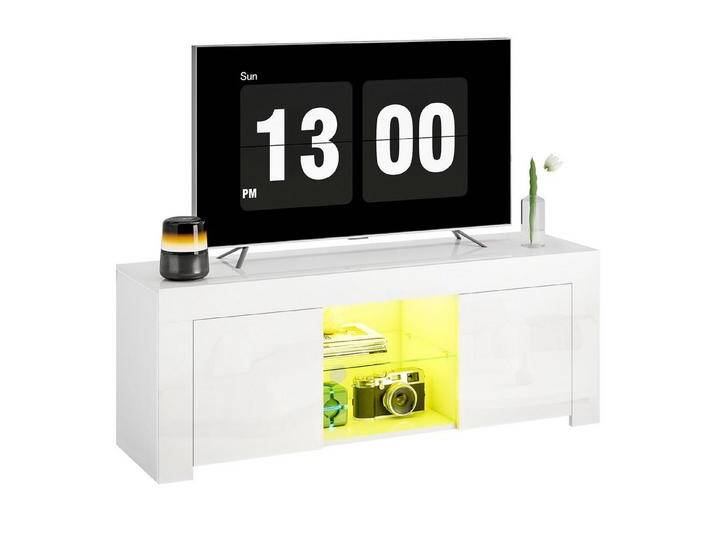 HOMCOM TV-Board mit 2 Türen, RGB LED Leuchte, Glasregal, Kabelmanagement (Hochglanz TV Lowboard, 1 St., TV Board), für Wohnzimmer Weiß 120x34x45cm von Homcom