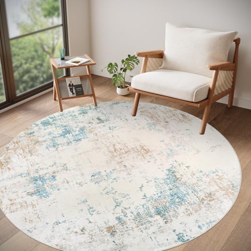Homcomodar Abstrakter Teppich Rund 160cm Moderner Teppich Wohnzimmer Kurzflor Teppiche Beige Waschbar Runder Teppiche for Wohnzimmer Schlafzimmer Studie Heimbüro Dekor von Homcomodar