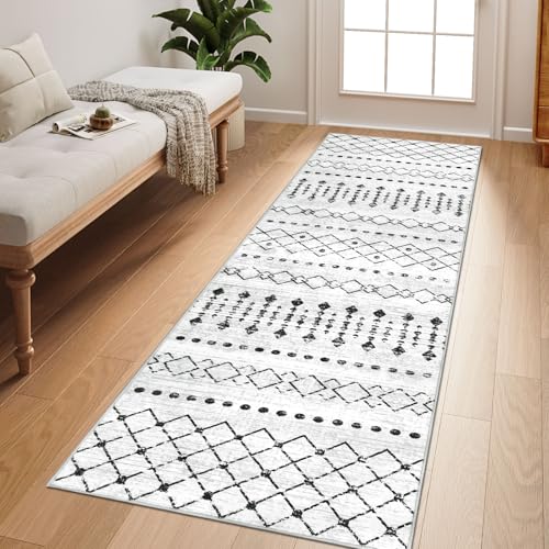 Homcomodar Boho Teppich Läufer Flur 65x180cm Küche Läufer Teppiche Waschbare Flur Teppich läufer für küche Schlafzimmer Eingang(Grau/Weiß) von Homcomodar
