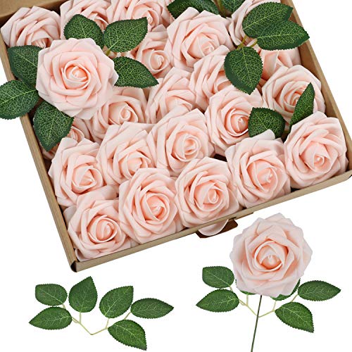 Homcomodar Künstliche Rose 30Pc Künstliche Blume Echt aussehende gefälschte Rosen mit Stiel für Die Hochzeit (Rosa Champagner) von Homcomodar