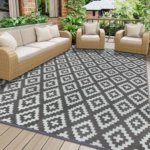 Homcomodar Outdoor Teppich Wetterfest Grau Kunststoff Stroh Teppiche 150x245cm Wendematten UV-beständiger Outdoor Teppich Recycelter Camping Matte Patio Teppiche für Balkon Strand BBQ Picknick Deck von Homcomodar