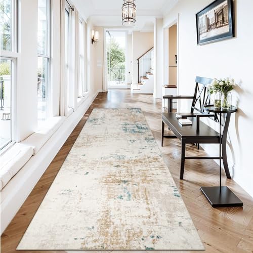 Homcomodar Läufer Teppich für Flur 80x200cm rutschfeste Moderne Abstrakter Teppiche Läufer Waschbare Küche Teppich Läufer Faux Wolle Boden Teppich Schlafzimmer Teppiche Runner(Beige) von Homcomodar