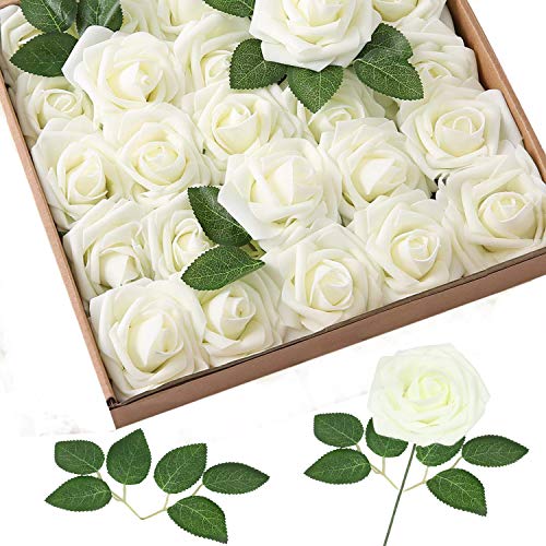 Homcomodar Milchig Weiß Künstliche Rose 30Pc Künstliche Blume Gefälschte Rosen für Die Hochzeit(Milchig Weiß) von Homcomodar