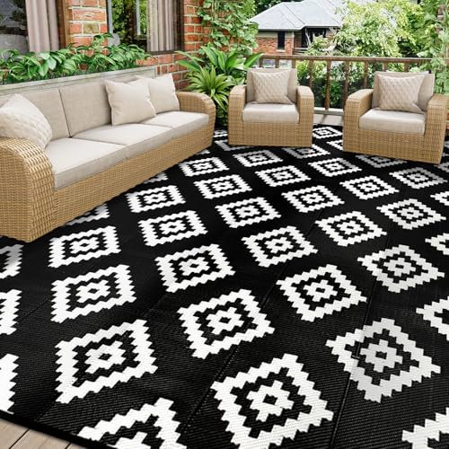 Homcomodar Outdoor Teppich 245x305cm Patio Teppiche Kunststoff Stroh Teppich UV-beständige Camping Matte Reversible Matte Outdoor Teppich für Patio Clearance Picknick Deck(Schwarz) von Homcomodar
