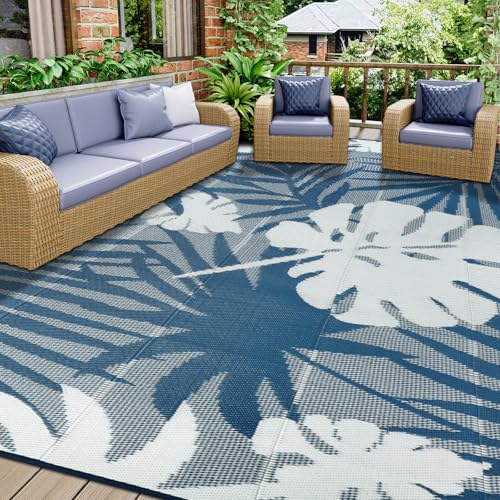 Homcomodar Outdoor Teppich 245x305cm UV-beständige Camping Matte Reversible Matten Kunststoff Stroh Teppiche Recycelter Patio Teppich für BBQ Balkon Strand Deck(Blau/Grau) von Homcomodar