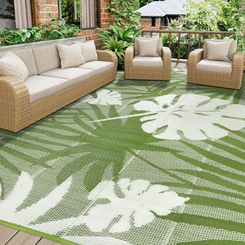 Homcomodar Outdoor Teppich 270x365cm UV-beständige Camping Matte Reversible Matten Kunststoff Stroh Teppiche Recycelter Patio Teppich für BBQ Balkon Strand Deck(Grasgrün) von Homcomodar