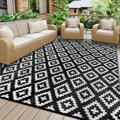 Homcomodar Outdoor Teppich für Patio Clearance 150x245cm Schwarz UV-beständige Camping Matte Kunststoff Stroh Teppich wasserdichte Patio Teppiche Reversible Matte für BBQ Picknick Balkon Beach Deck von Homcomodar
