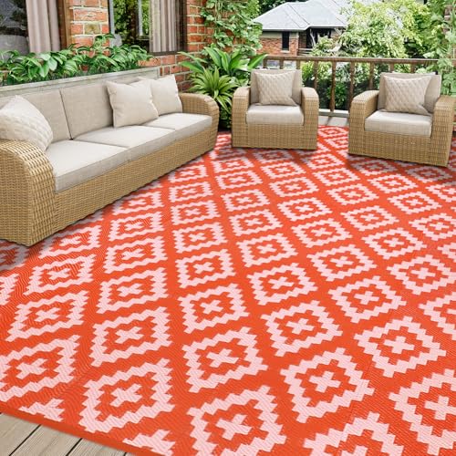 Homcomodar Outdoor Teppich für Patio Clearance 270x365cm UV-beständige Camping Matte Kunststoff Stroh Teppiche Patio Teppich Reversible Matten für BBQ Picknick Deck(Orange/Rosa) von Homcomodar