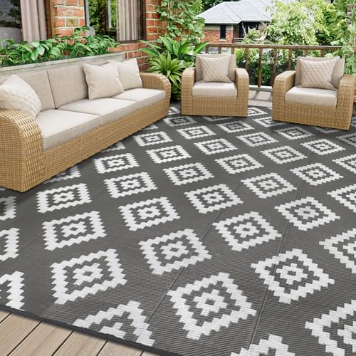 Homcomodar Outdoor Teppich Wetterfest 180x270cm Grau Outdoor Teppich für Patio Clearance Balkon Teppiche Kunststoff Stroh Teppiche UV-beständige Camping Matte für Picknick Deck von Homcomodar