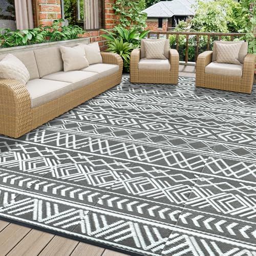 Homcomodar Patio Teppich 180x270cm Outdoor Teppiche für Patio Clearance Reversible Matte Kunststoff Stroh Teppich UV-beständige Camping Matte für Picknick Deck(Grau/Weiß) von Homcomodar