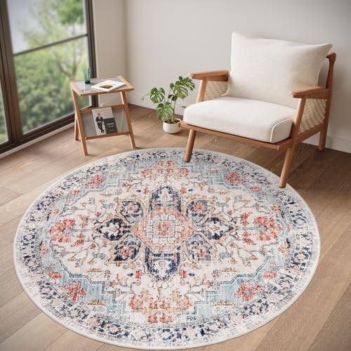 Homcomodar Teppich Rund 120cm Vintage Teppich Wohnzimmer Waschbarer Runder Teppiche Schlafzimmer Kurzflor für Wohnzimmer Kinderzimmer(Blau) von Homcomodar