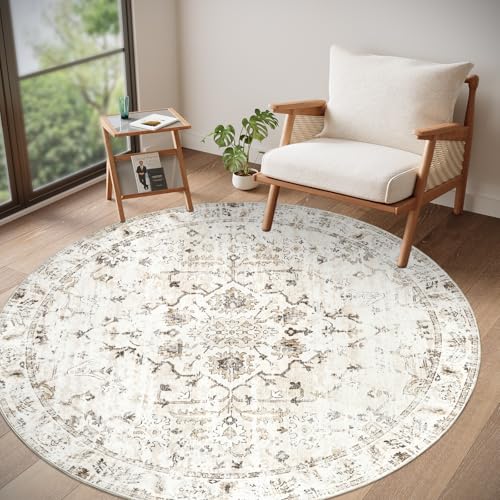 Homcomodar Teppich Rund 160cm Teppich Wohnzimmer Beige Waschbarer Vintage Teppiche Schlafzimmer Teppiche Kurzflor für Wohnzimmer Schlafzimmer Esszimmer von Homcomodar