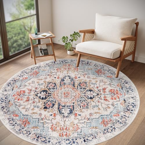 Homcomodar Teppich Rund 160cm Teppich Wohnzimmer Waschbarer Vintage Teppiche Schlafzimmer Kurzflor Teppiche für Wohnzimmer Schlafzimmer Kinderzimmer(Blau) von Homcomodar
