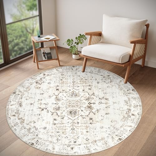 Homcomodar Teppich Rund Beige 120cm Teppich Wohnzimmer Kurzflor Teppiche Schlafzimmer Waschbarer Vintage Wohnzimmerteppich für Schlafzimmer Wohnzimmer von Homcomodar