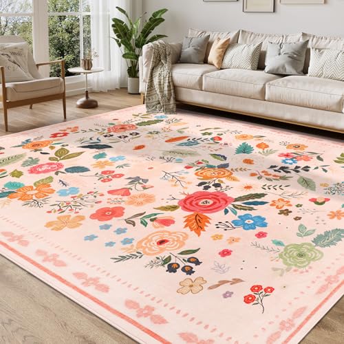 Homcomodar Teppich Wohnzimmer 200x290cm Kurzflor Teppich Vintage Floral Waschbarer Teppiche Wohnzimmer für Schlafzimmer Kinderzimmer(Rosa) von Homcomodar