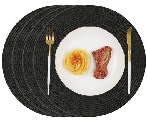 Homcomodar Tischsets Rund 4PCS Schwarz Platzsets Abwaschbar 34cm Platzdeckchen Hitzebeständigem Tisch Tischsets für Küche Abendessen von Homcomodar