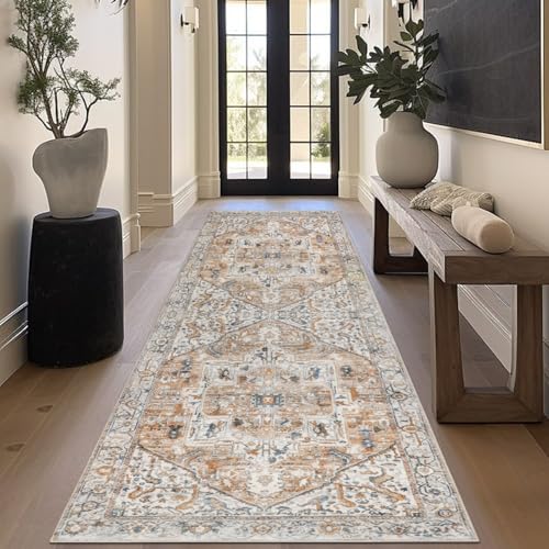 Homcomodar Vintage Läufer Flur rutschfest 80x200cm Distressed Teppich Flur Waschbar Küchenteppich Boho Teppich Läufer Flur für Schlafzimmer Küche Waschraum Korridor Türweg(Beige/Gelb) von Homcomodar