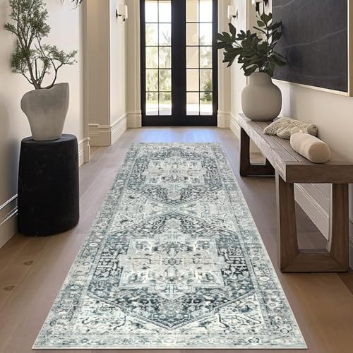 Homcomodar Vintage Läufer Flur 80x200cm Boho Läufer Teppich Flur rutschfest Waschbar Küchenteppich für Schlafzimmer Küche Korridor Türweg Waschraum(Blau/Grau) von Homcomodar