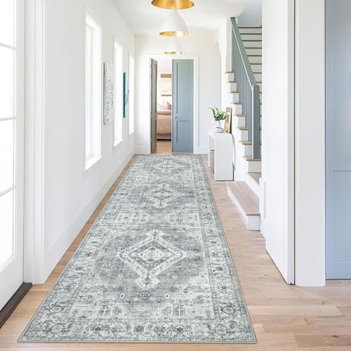 Homcomodar Vintage Läufer Flur rutschfest 80x250cm Grau Boho Teppich Flur Waschbar Küchenteppich Distressed Teppich Läufer Flur für Schlafzimmer Küche Waschraum Korridor Türweg von Homcomodar