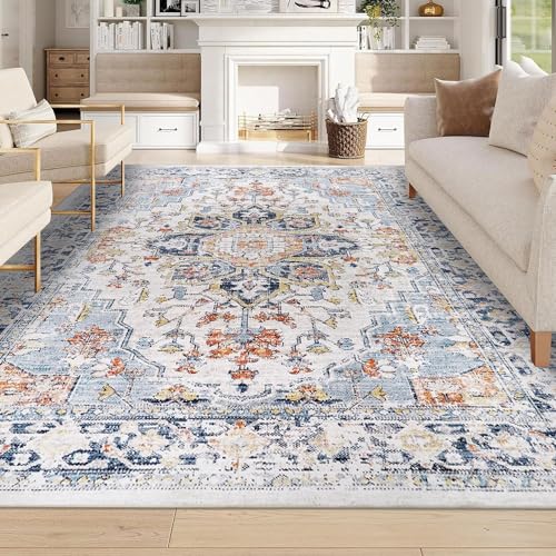 Homcomodar Teppich Wohnzimmer 160x230cm Vintage Teppich Schlafzimmer Kurzflor Wohnzimmerteppich Waschbarer Teppiche für Esszimmer Kinderzimmer(Blau) von Homcomodar