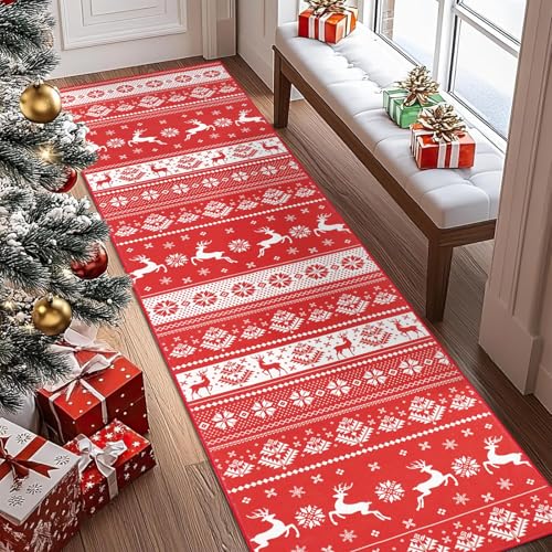 Homcomodar Weihnachten Läufer Teppich Flur 65x240cm Waschbare Kitchen Läufer Teppiche mit Gummirücken Boden Teppich Läufer für Flur Wohnzimmer Schlafzimmer Badezimmer(Weihnachts Rendiere) von Homcomodar
