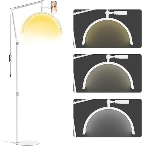 Halbmond-Lampe 3000-6000K Wimpern Lampe mit Handyhalter und Tischklemme 16 Zoll Wimpern LED Bodenleuchte 10-stufig Dimmbar Wimpernverlängerung Licht für Kosmetiker, Tätowierer, Nageltechniker(Weiß) von HomdMarket