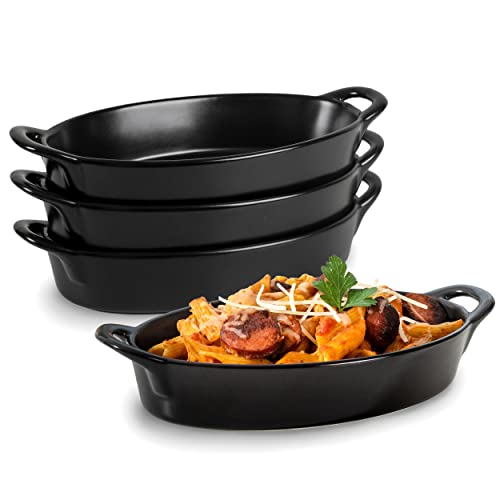 Ovale Au Gratin Auflaufformen für Ofenfest und Mikrowelle Kochen und Backen, 4-teiliges Geschirr-Set, hitzebeständige Keramik mit Griffen zum Servieren, kleine Mini-Auflaufform, 473 ml, Mattschwarz von Home Beets