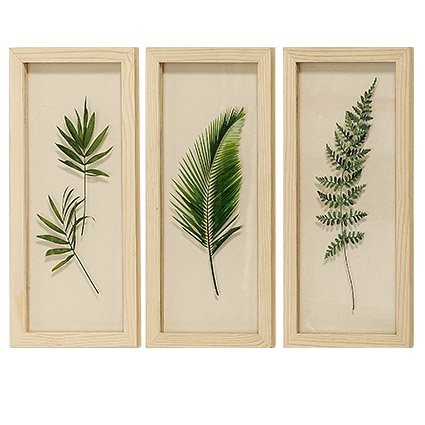 3er Set Wandbilder Holz Blätter Palmen Tropen 32cm Dekoration Grün Beige von Home Collection
