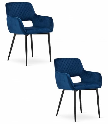 2-er Set Esszimmerstuhl mit blauem Samtsitz und schwarzen Metallbeinen mit gestepptem Design und ergonomischem Komfort, ideal für Wohnzimmer, Büro, Schlafzimmer oder Esszimmer, 83 x 58 x 56 cm von Home Collective