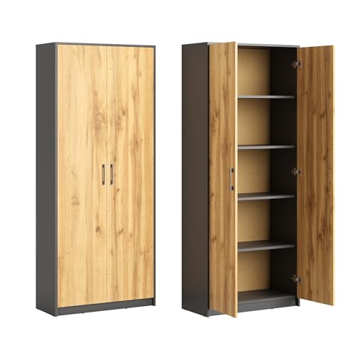 Aktenschrank mit 5 Fächern Mehrzweckschrank Haushaltsschrank in mattem Finish mit 4 Einlegeböden und 2 Türen, 74 cm breit aus Laminatplatte und hochwertigen Polymergriffen Graphit Eiche von Home Collective