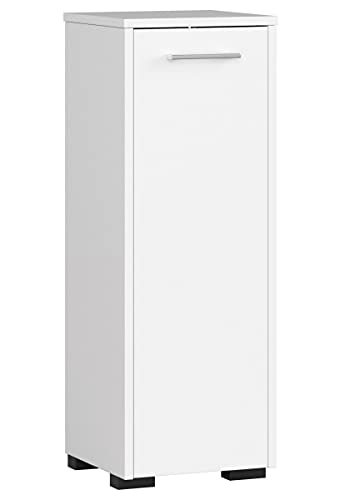 Badezimmerschrank schmal in weiß mit 1 Tür und 2 Fächern, elegant mit silbernen Griffen, 82 cm hoch, 30cm breit und tief von Home Collective