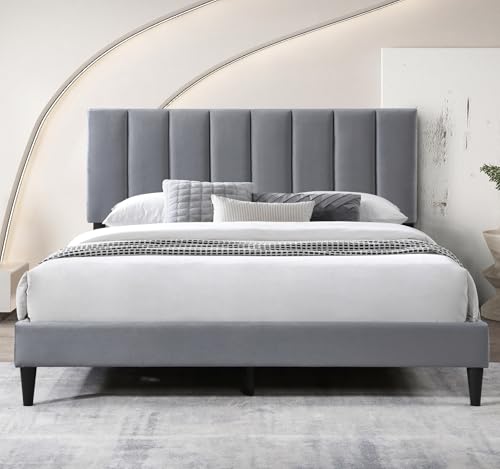 Bett 140x200 cm, Polsterbett mit Lattenrost, Bettgestell, Doppelbett mit weichem Bezug und gepolstertem Kopfteil mit vertikaler Steppung, robustes Gestell, hoher Liegekomfort | Grau | 140x200 cm von Home Collective