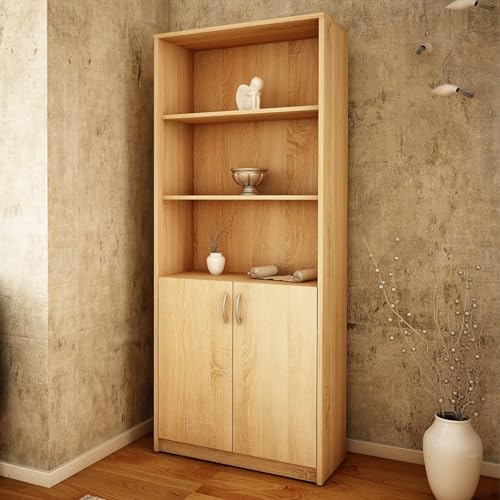Bücherregal mit 5 Ebenen und 2 Türen Mehrzweckschrank Haushaltsschrank in mattem Finish Aktenschrank Regal 74 cm breit, Standregal mit 4 Einlegeböden, ideal für Schlafzimmer, Wohnzimmer, Flur Sonoma von Home Collective