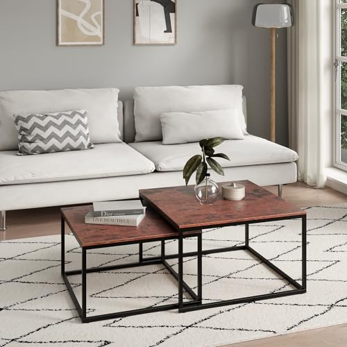 Couchtisch 2er Set quadratisch aus Holz, Wohnzimmertisch Modern, Beistelltisch Set 2 in 1 mit Metallgestell für Wohnzimmer Büro Beistelltisch Loft Design Twin | Eiche dunkel von Home Collective