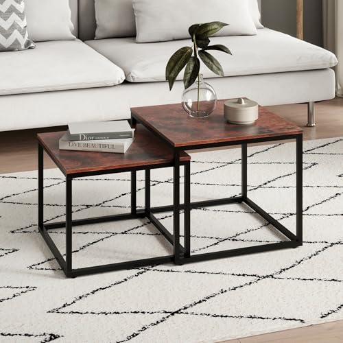 Home Collective Couchtisch 2er Set quadratisch aus Holz, Wohnzimmertisch Modern, Beistelltisch Set 2 in 1 mit Metallgestell für Wohnzimmer Büro Beistelltisch Loft Design Twin | Eiche dunkel von Home Collective