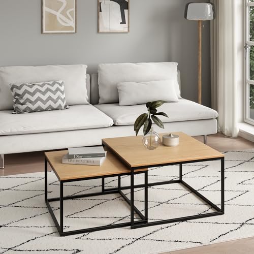 Couchtisch 2er Set quadratisch aus Holz, Wohnzimmertisch Modern, Beistelltisch Set 2 in 1 mit Metallgestell für Wohnzimmer Büro Beistelltisch Loft Design Twin | Eiche hell von Home Collective