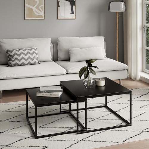 Couchtisch 2er Set quadratisch weiß aus Holz, Wohnzimmertisch Modern, Beistelltisch Set 2 in 1 mit Metallgestell für Wohnzimmer Büro Beistelltisch Loft Design Twin, Kratzfeste Oberfläche von Home Collective